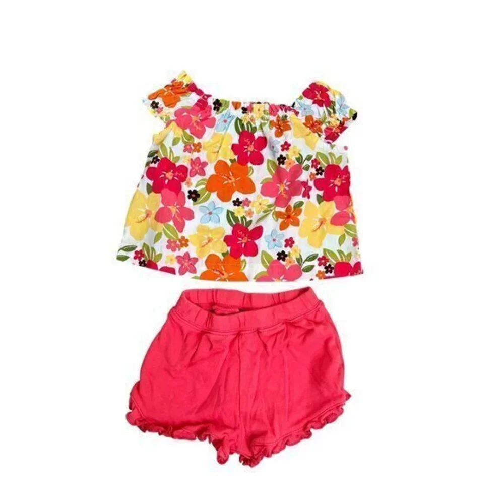 Gymboree Toddler Girls Floral Off-Shoulder Top & Pink Ruffled Shorts Set - 18-24